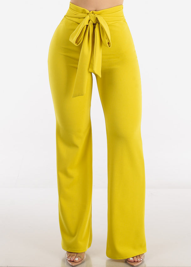 High Rise Waist Tied Wide Leg Formal Pants Lime