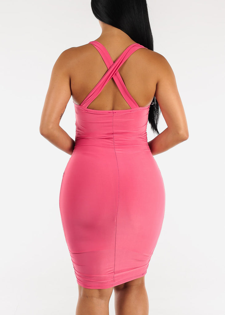 Sleeveless Ruched Sides Bodycon Dress Hot Pink