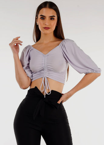 Image of Elbow Sleeve Ruched Front Crop Top Light Purple