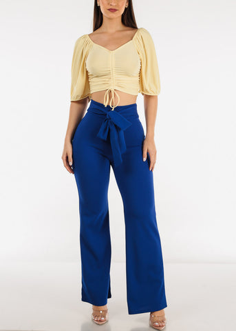 Image of Elbow Sleeve Ruched Front Crop Top Yellow