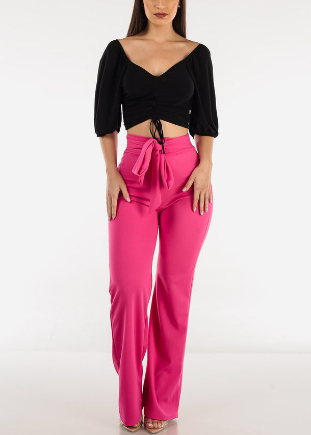 Black Elbow Sleeve Ruched Front Crop Top