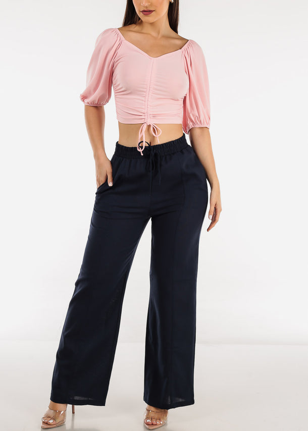Elbow Sleeve Ruched Front Crop Top Pink