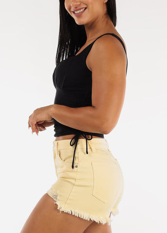 Image of Black Sleeveless Ribbed Crop Top w Ruched Drawstring Sides