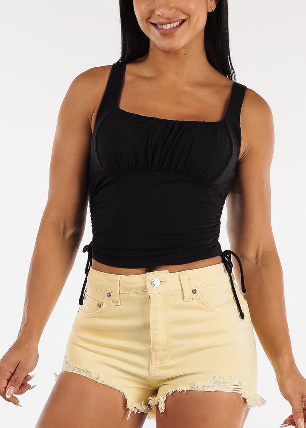 Black Sleeveless Ribbed Crop Top w Ruched Drawstring Sides
