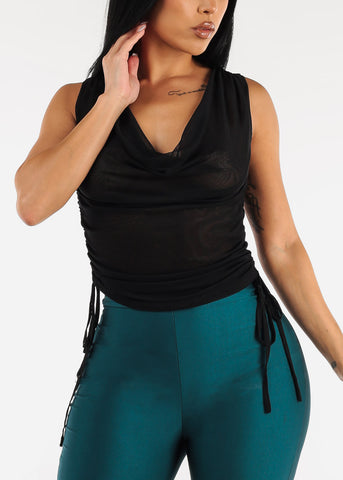 Image of Black Sleeveless Double Layer Ruched Mesh Top