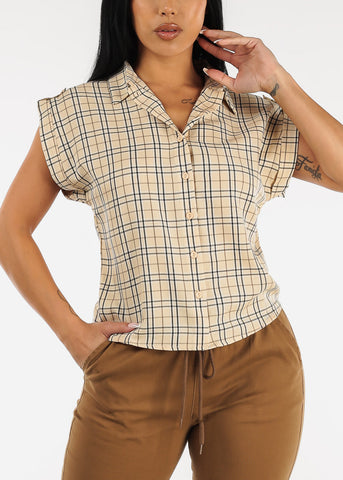 Image of Short Cuffed Sleeve Button Up Plaid Shirt Taupe