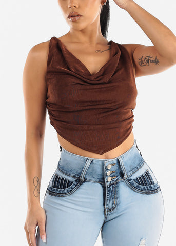 Image of Sleeveless Cowl Neckline Fitted Crop Top Brown