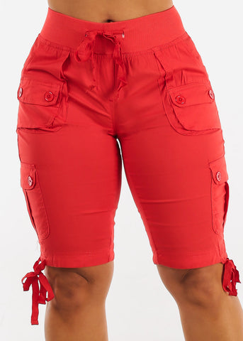 Image of Red High Waist Drawstring Cargo Bermuda Shorts