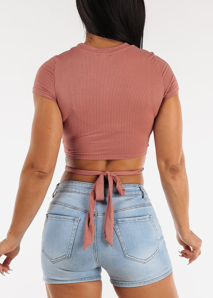 Short Sleeve Cut Out Rose Ribbed Crop Top w Waist Tie