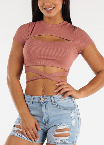 Image of Short Sleeve Cut Out Rose Ribbed Crop Top w Waist Tie