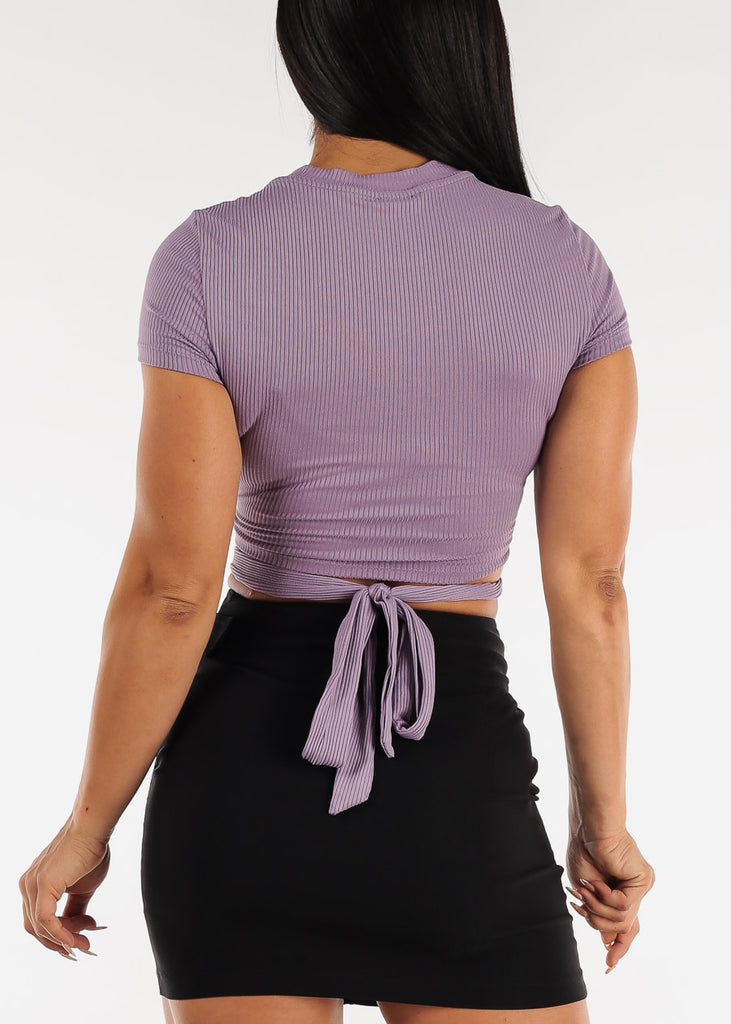 Short Sleeve Cut Out Lavender Ribbed Crop Top w Waist Tie