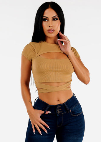 Image of Short Sleeve Cut Out Khaki Ribbed Crop Top w Waist Tie