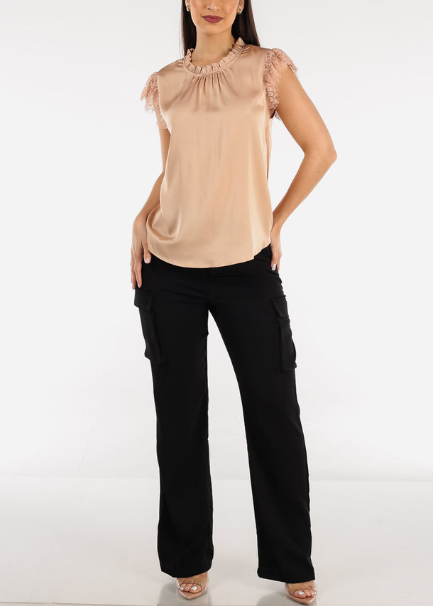 Ruffle Neck Pleated Satin Blouse champagne w Lace Sleeves