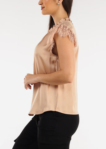Image of Ruffle Neck Pleated Satin Blouse champagne w Lace Sleeves
