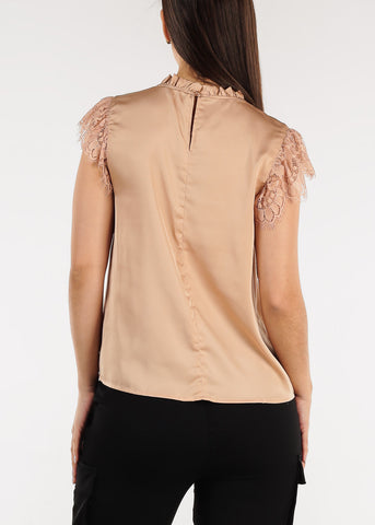 Image of Ruffle Neck Pleated Satin Blouse champagne w Lace Sleeves