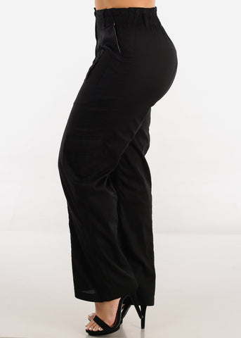 Image of Black High Waisted Straight Wide Leg Cargo Pants