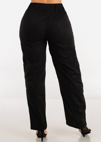 Image of Black High Waisted Straight Wide Leg Cargo Pants