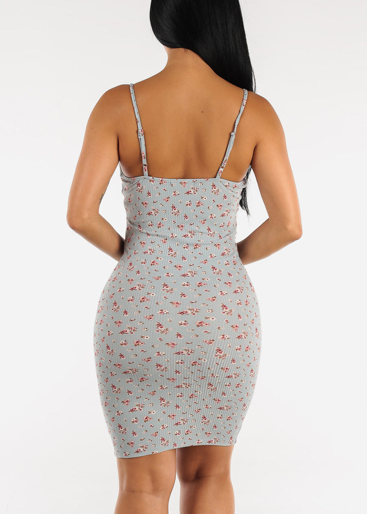 Scoop Neck Floral Ribbed Cami Bodycon Dress Blue