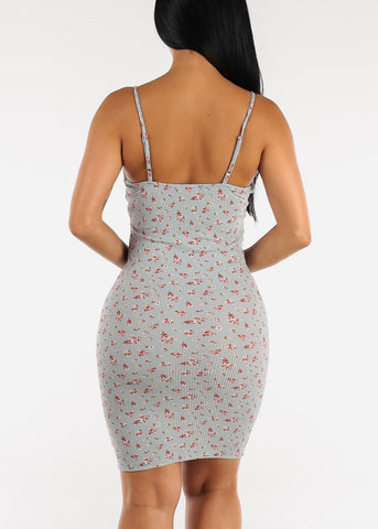 Image of Scoop Neck Floral Ribbed Cami Bodycon Dress Blue