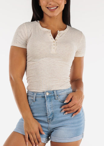 Image of Button Up Neckline Rib Knit Top Oatmeal