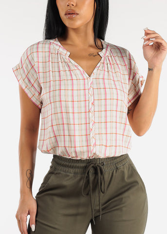 Image of Cap Short Sleeve Button Down Plaid Top Ivory