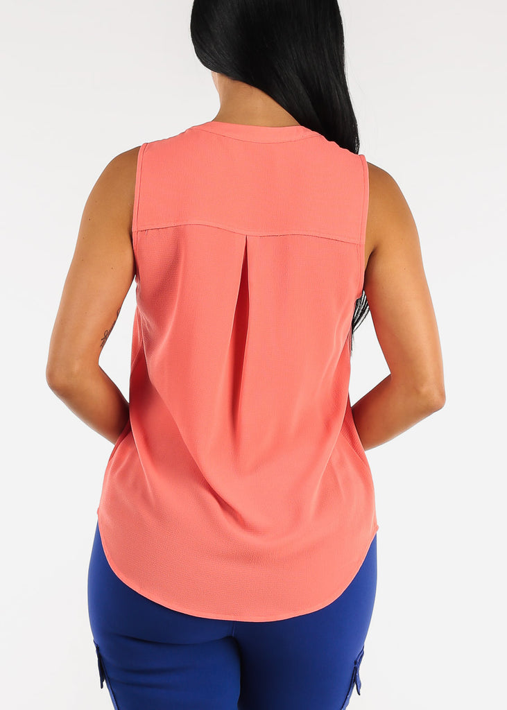 Sleeveless Half Button Up Blouse Coral