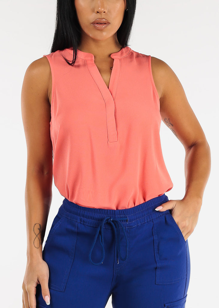 Sleeveless Half Button Up Blouse Coral