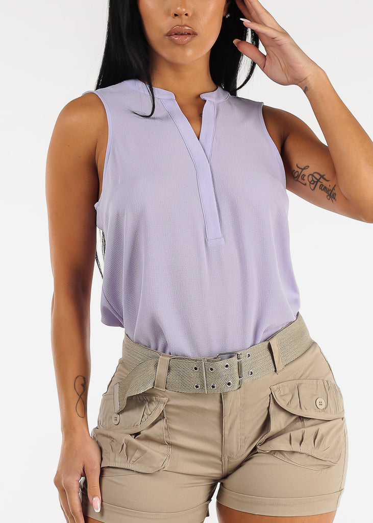 Sleeveless Half Button Up Blouse Lilac