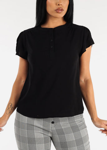 Image of Black Short Sleeve Half Button Up Blouse