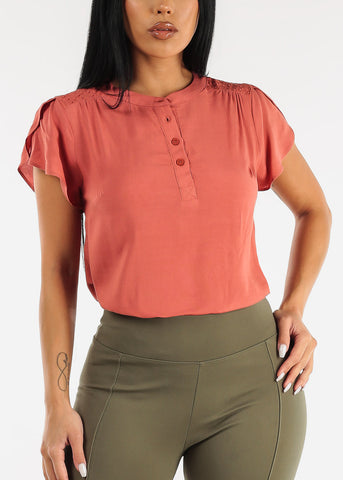 Image of Short Sleeve Half Button Up Blouse Brick