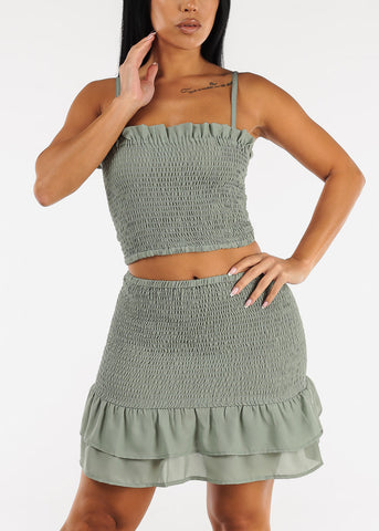 Image of Sleeveless Smocked Crop Top & Mini Skirt Sage (2 PCE SET)