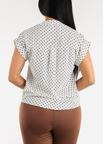 Image of Button Up Printed Vneck Blouse Ivory