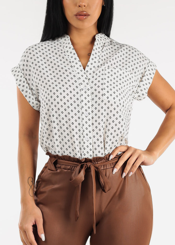 Button Up Printed Vneck Blouse Ivory