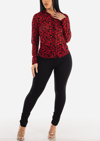 Image of Printed Long Sleeve Button Up Mesh Collared Blouse Red