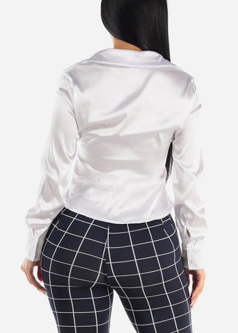 Image of White Satin Long Sleeve Ruched Button Up Shirt