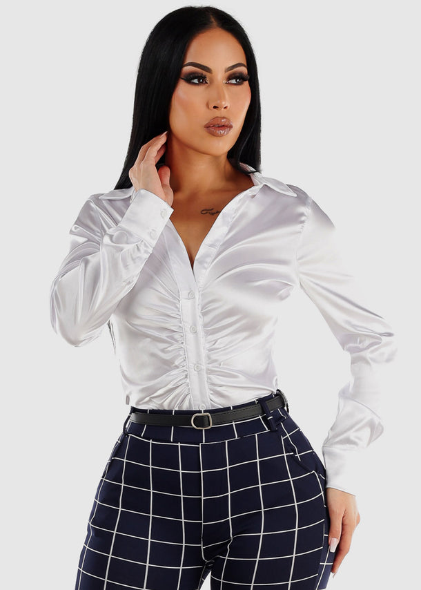 White Satin Long Sleeve Ruched Button Up Shirt