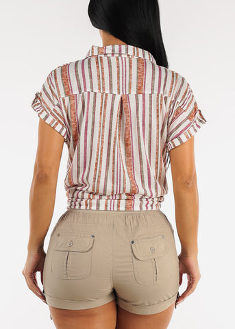 Image of Short Sleeve Tie Front Button Up Stripe Shirt White & Rust