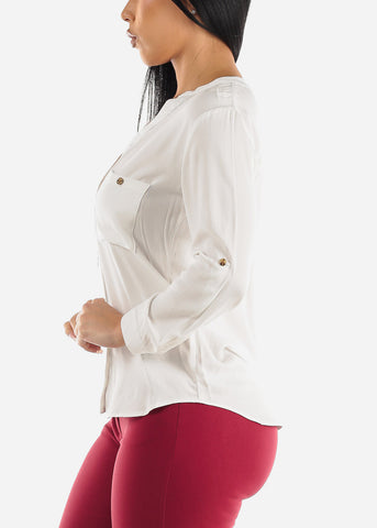Image of Vneck Long Sleeve Button Up Shirt White