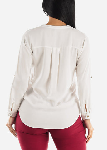 Image of Vneck Long Sleeve Button Up Shirt White