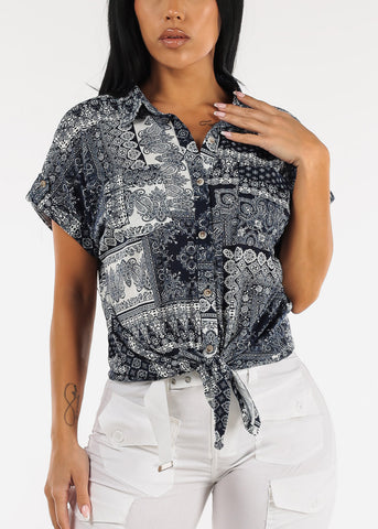 Image of Short Sleeve Tie Front Paisley Print Shirt Navy