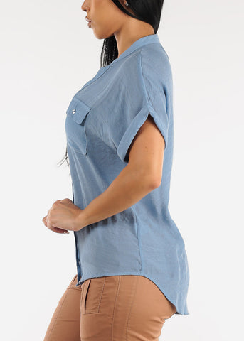 Image of Short Sleeve Vneck Button Up Shirt Light Blue