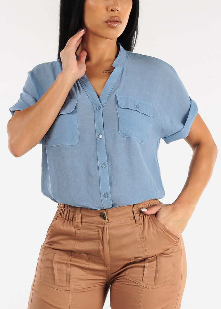 Short Sleeve Vneck Button Up Shirt Light Blue