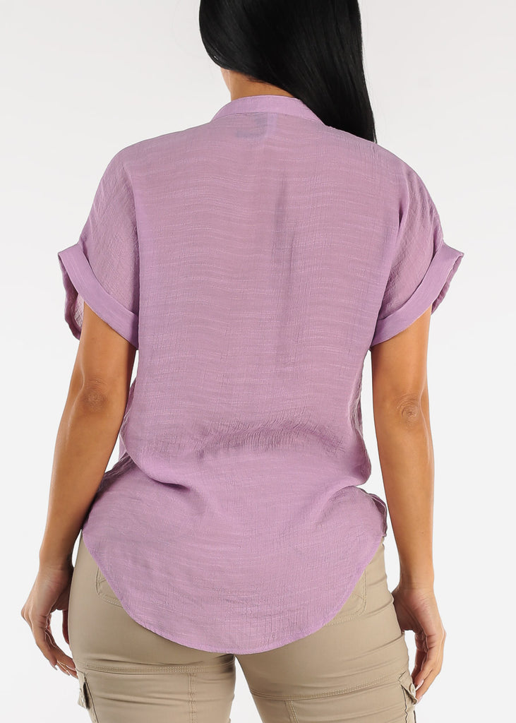 Short Sleeve Vneck Button Up Shirt Lavender