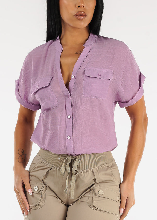 Short Sleeve Vneck Button Up Shirt Lavender
