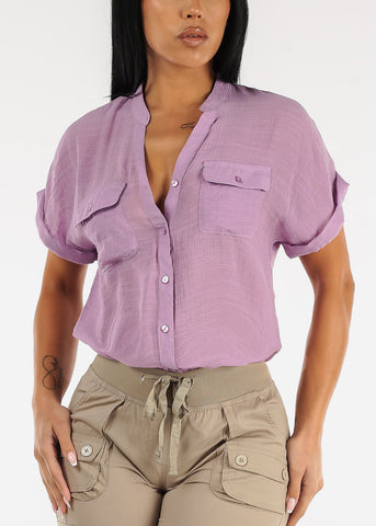 Image of Short Sleeve Vneck Button Up Shirt Lavender