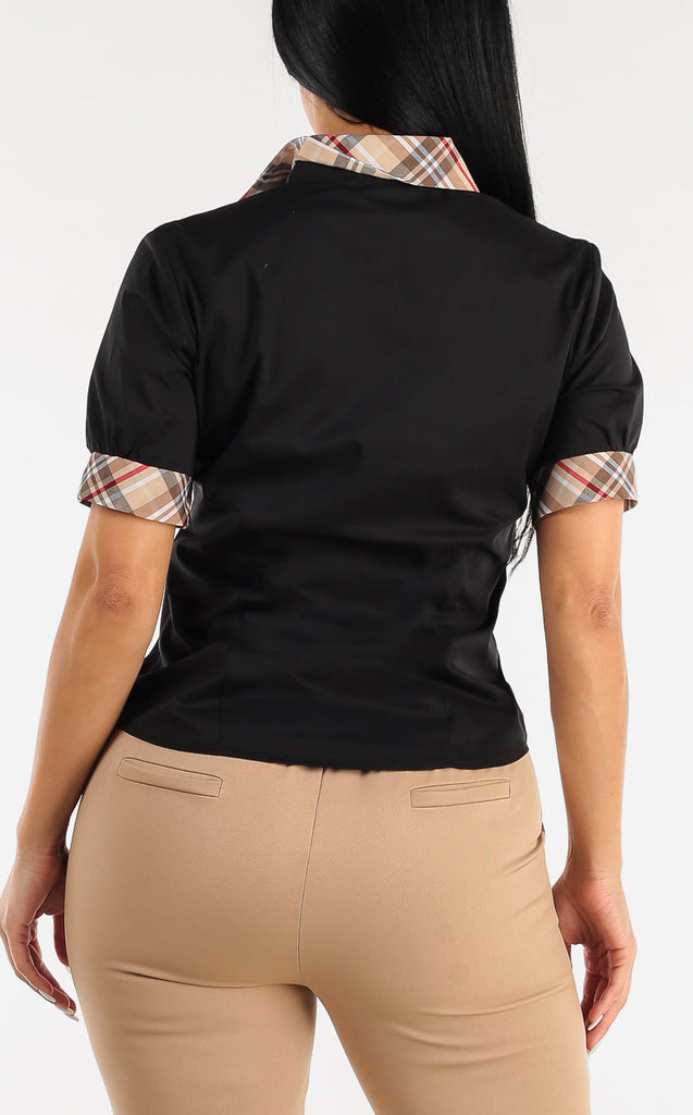 Black Short Sleeve Button Up Shirt w Plaid Trim