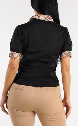 Image of Black Short Sleeve Button Up Shirt w Plaid Trim
