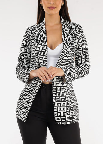Image of Formal Open Front Long Sleeve Printed Blazer Black & White