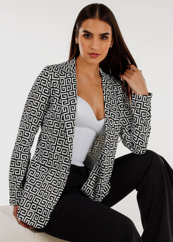 Image of Formal Open Front Long Sleeve Printed Blazer Black & White