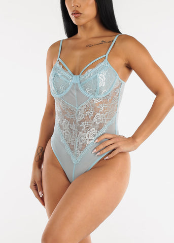 Image of Strappy Floral Lace Thong Bodysuit Light Blue